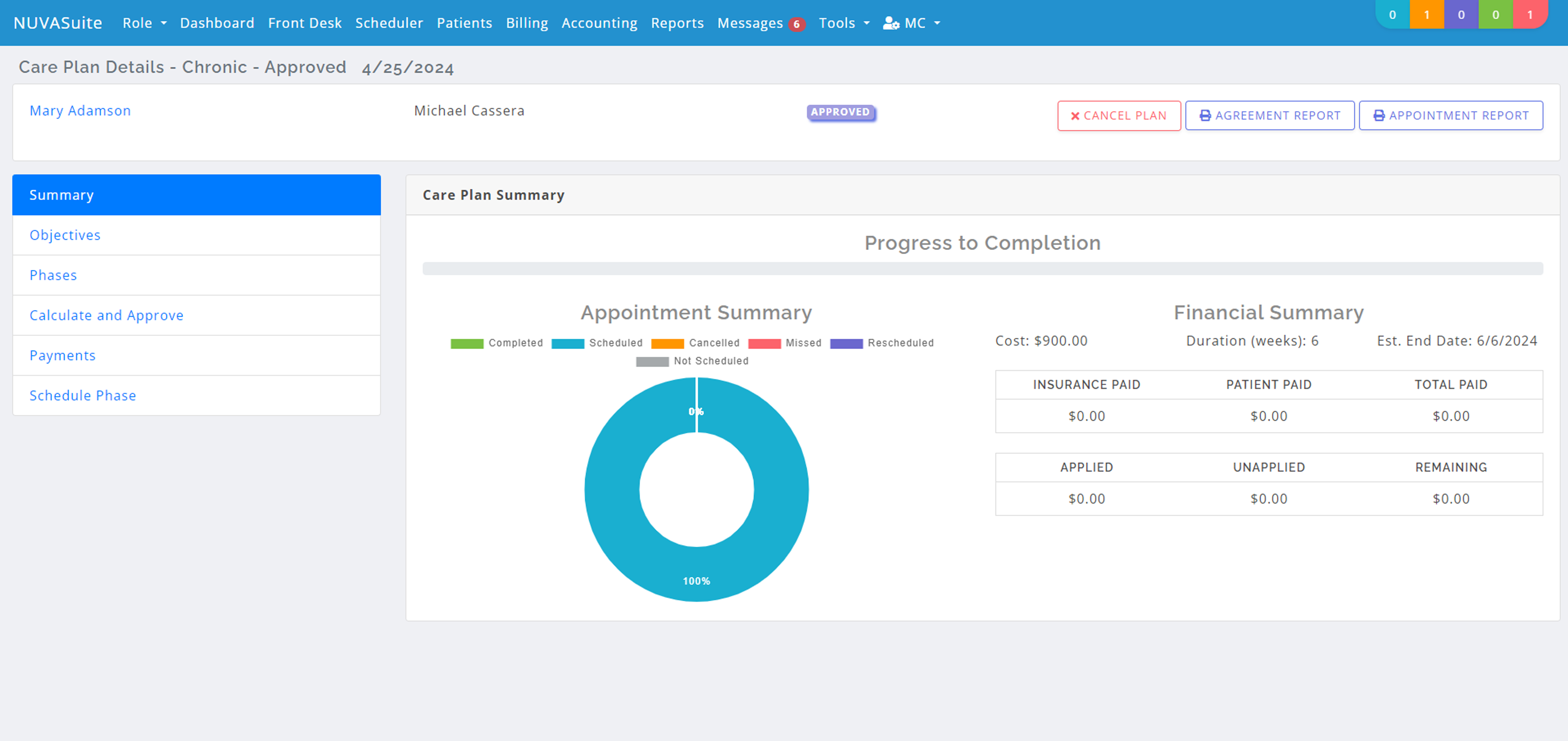 NUVAsuite care plan management dashboard displaying patient care details, appointment summaries, and financial summaries, designed for efficient and integrated patient care management.
