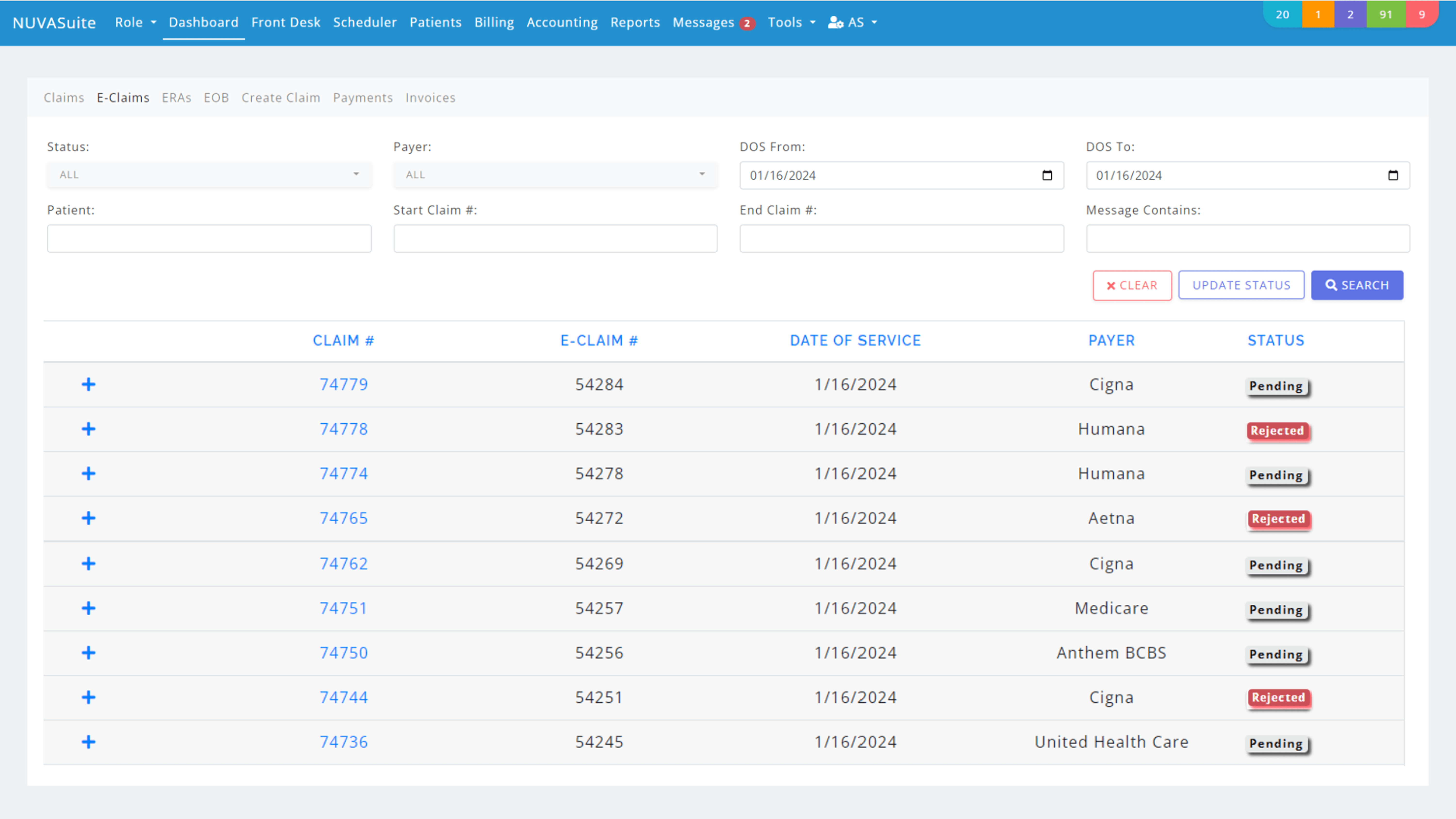 NUVAsuite billing dashboard displaying e-claim details, payer information, and claim statuses, showcasing the automated billing and revenue cycle management features.